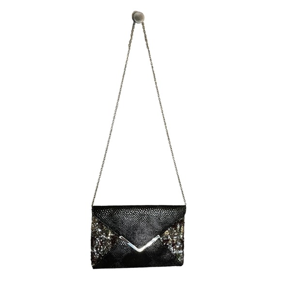 Evening Envelope Clutch Sequined Snakeskin Bag Black Multicolor Crossbody Chain - Picture 8 of 8
